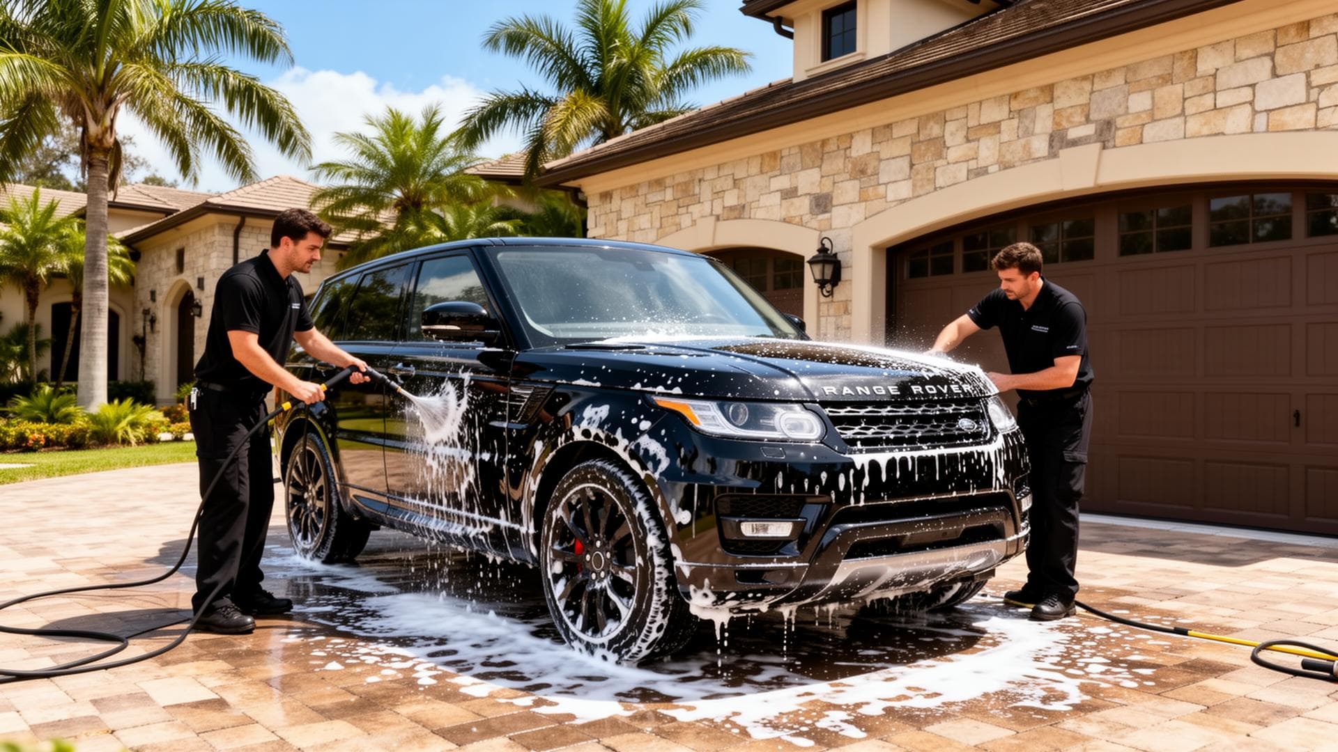 Professional detailer hand-washing a luxury vehicle in a Central Florida driveway under bright sun