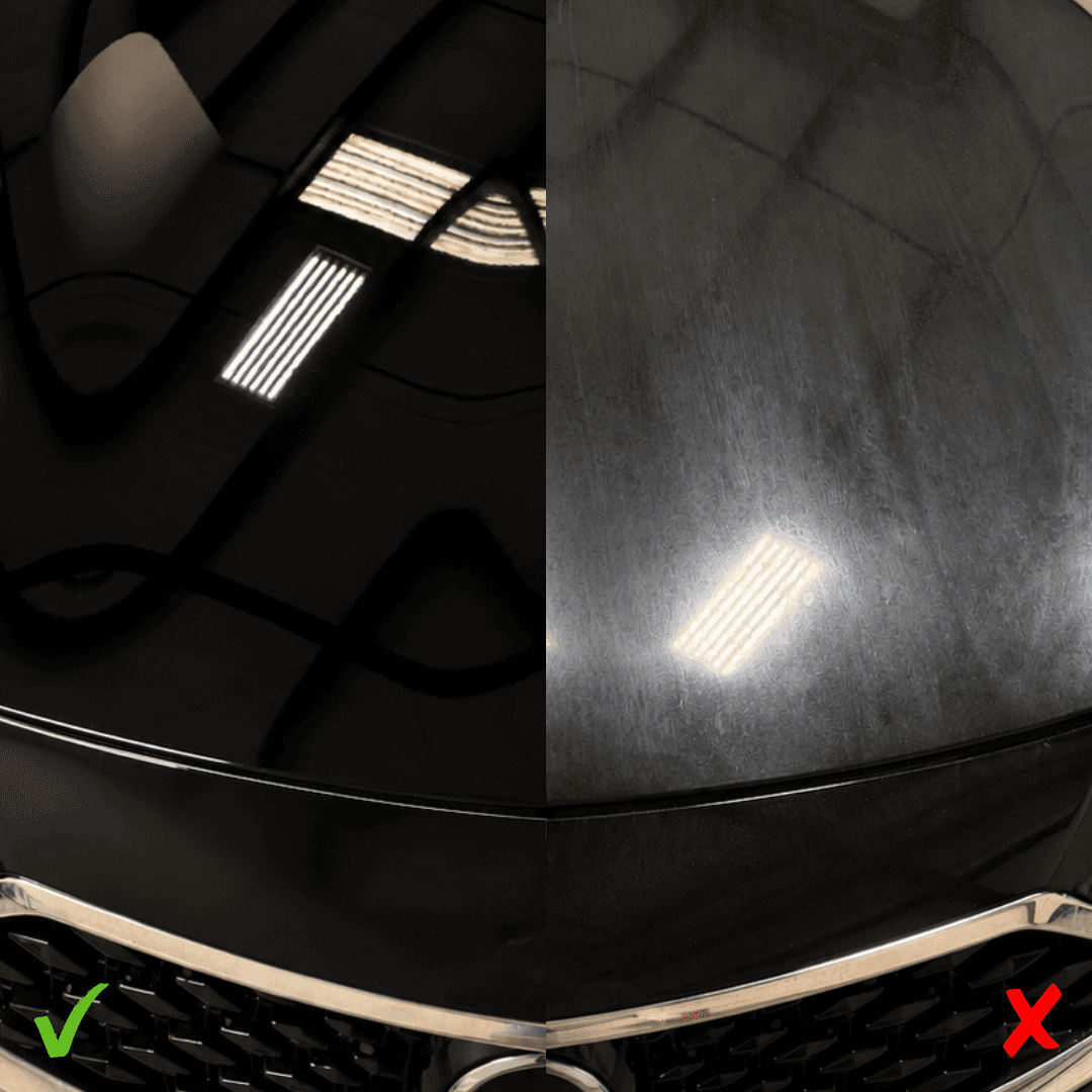 Black vehicle paint comparison: clear reflections with a green check on the left, visible surface marks and haze with a red X on the right